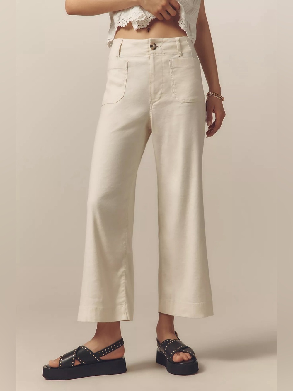 Maeve The Colette Linen Blend Crop Wide-leg Pants in Chalk White - Size 26 - Picture 2 of 15